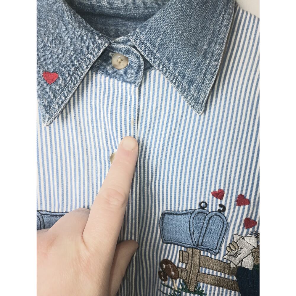 Women's Vtg Quizz Mouse Mushroom Valentines Love Embroidery Button up Collar 18 - Picture 4 of 6